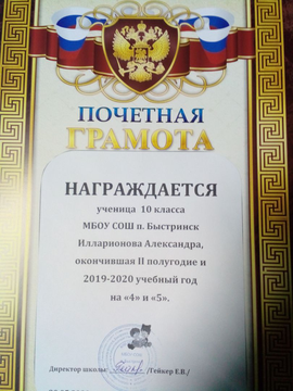Почётная грамота ученицы 10 класса Илларионовой Александры