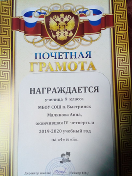 Почётная грамота ученицы 9 класса Маляновой Анны